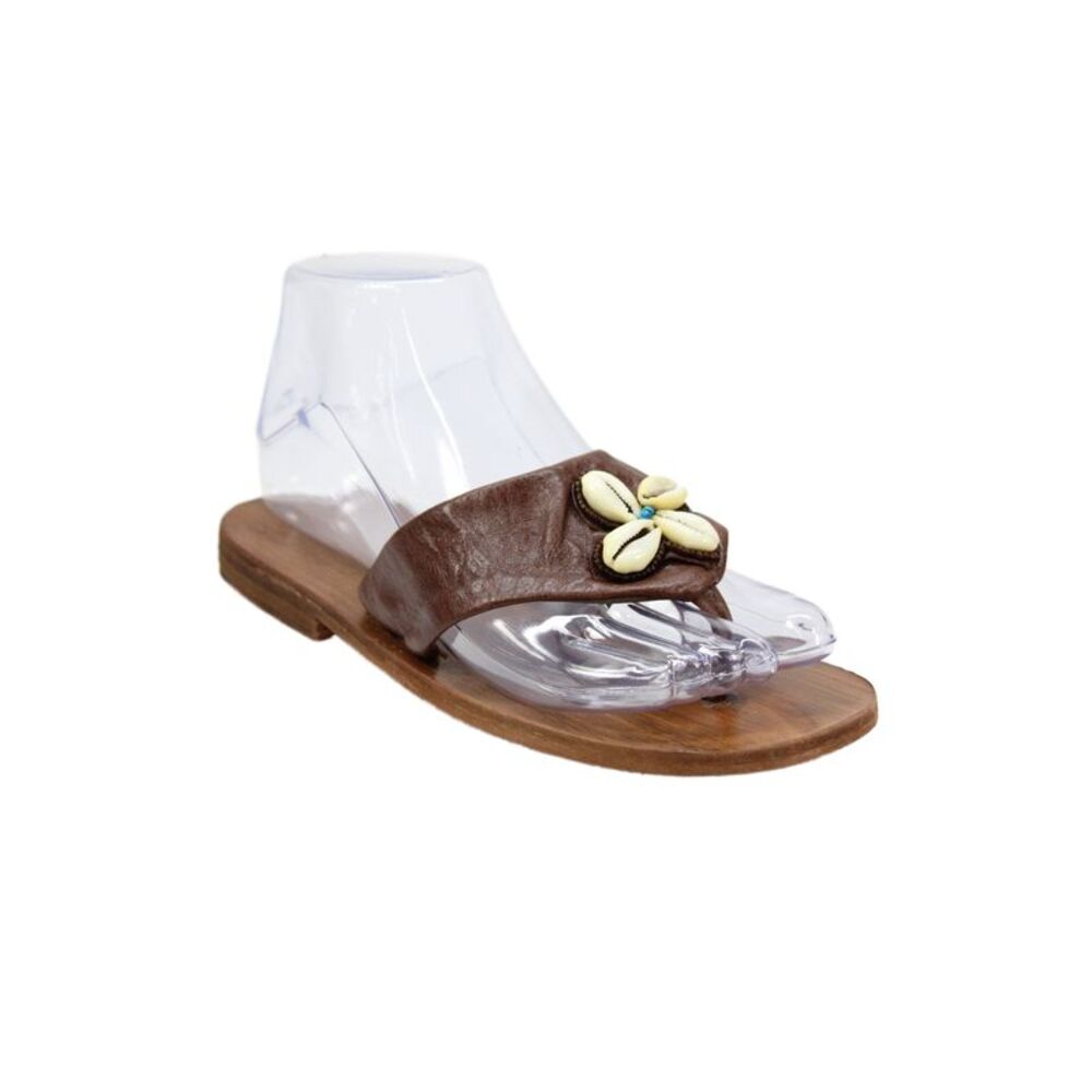 Submarine Womens Shell Beaded Leather T Strap Sandals Brown Size 5